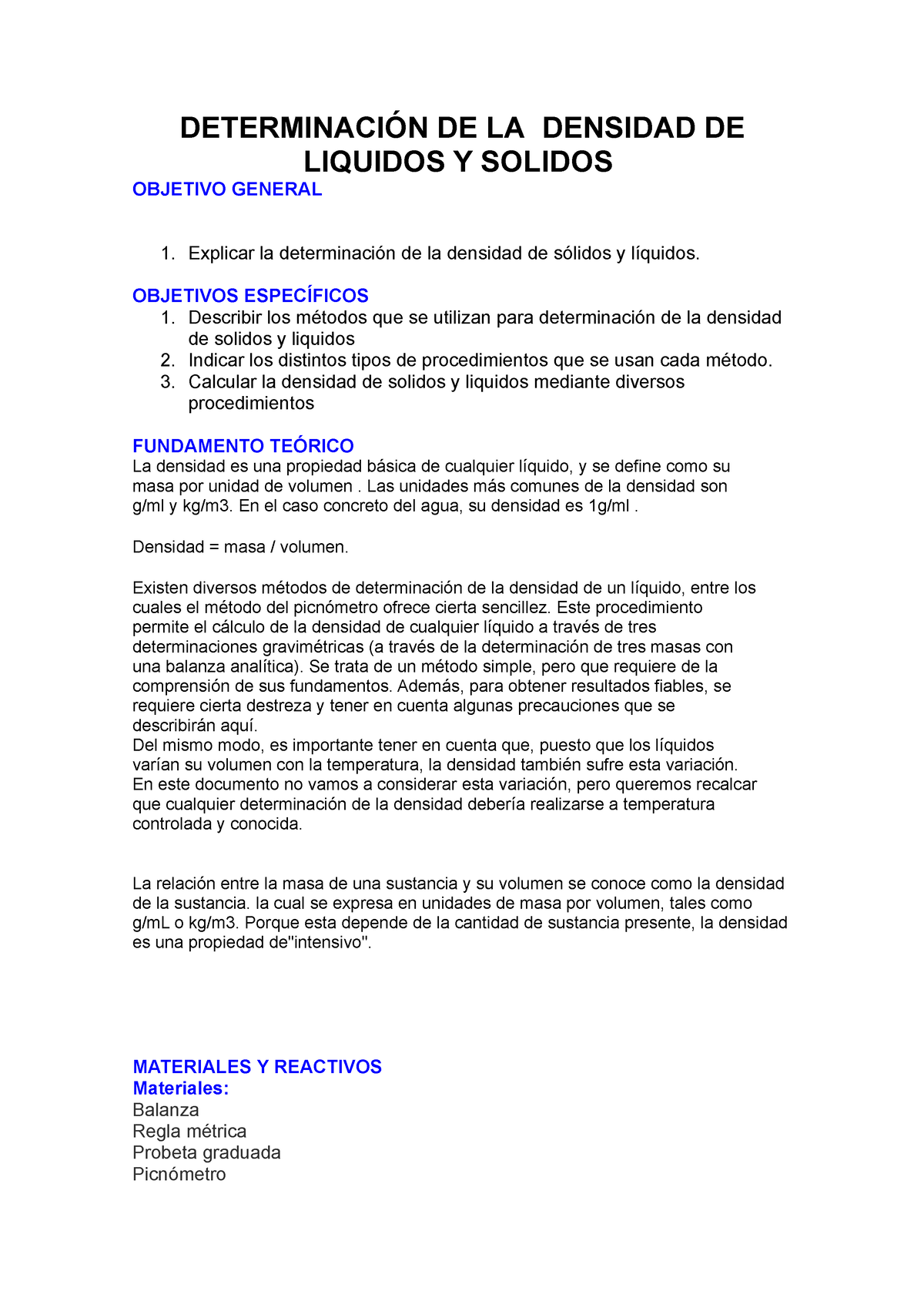 Densidades DeterminaciÓn De La Densidad De Liquidos Y Solidos Objetivo General 1 Explicar La 8966