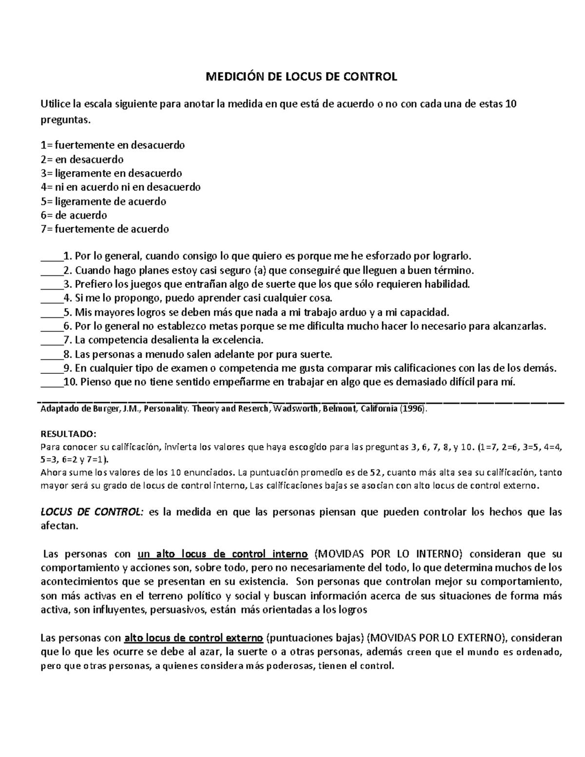 Test de locus de control - MEDICIÓN DE LOCUS DE CONTROL Utilice la ...