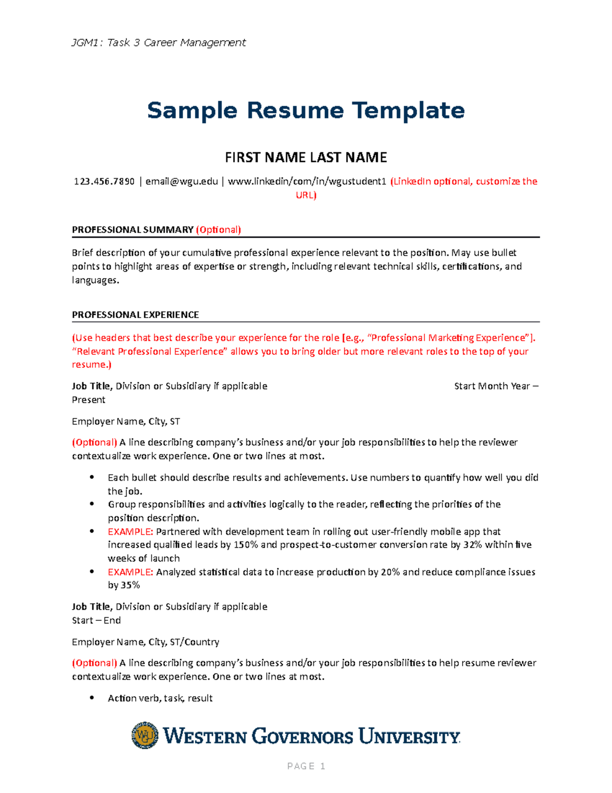 Sample Resume Template - JGM1: Task 3 Career Management Sample Resume ...