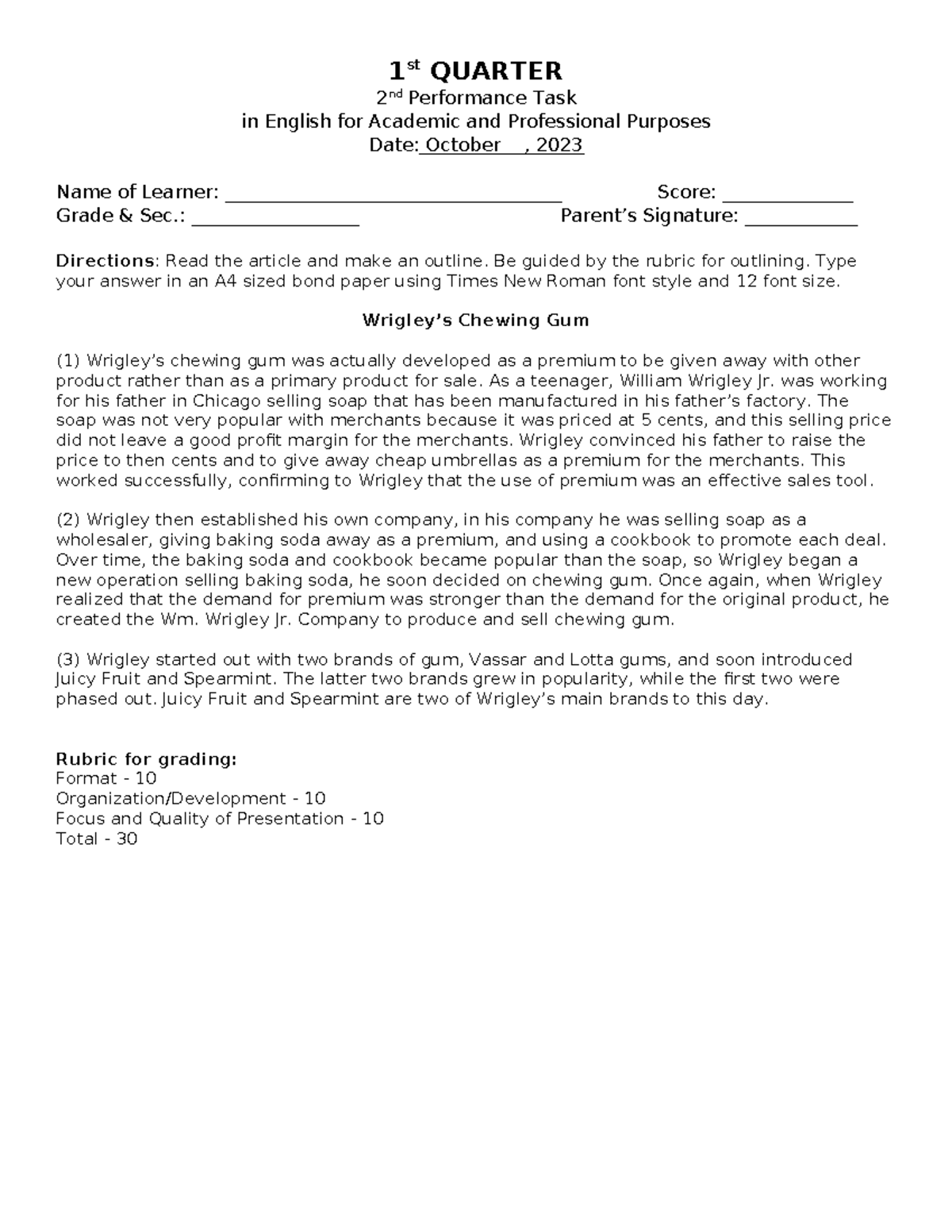 PT Q1 2nd EAPP - Practice sheet - 1 st QUARTER 2 nd Performance Task in ...