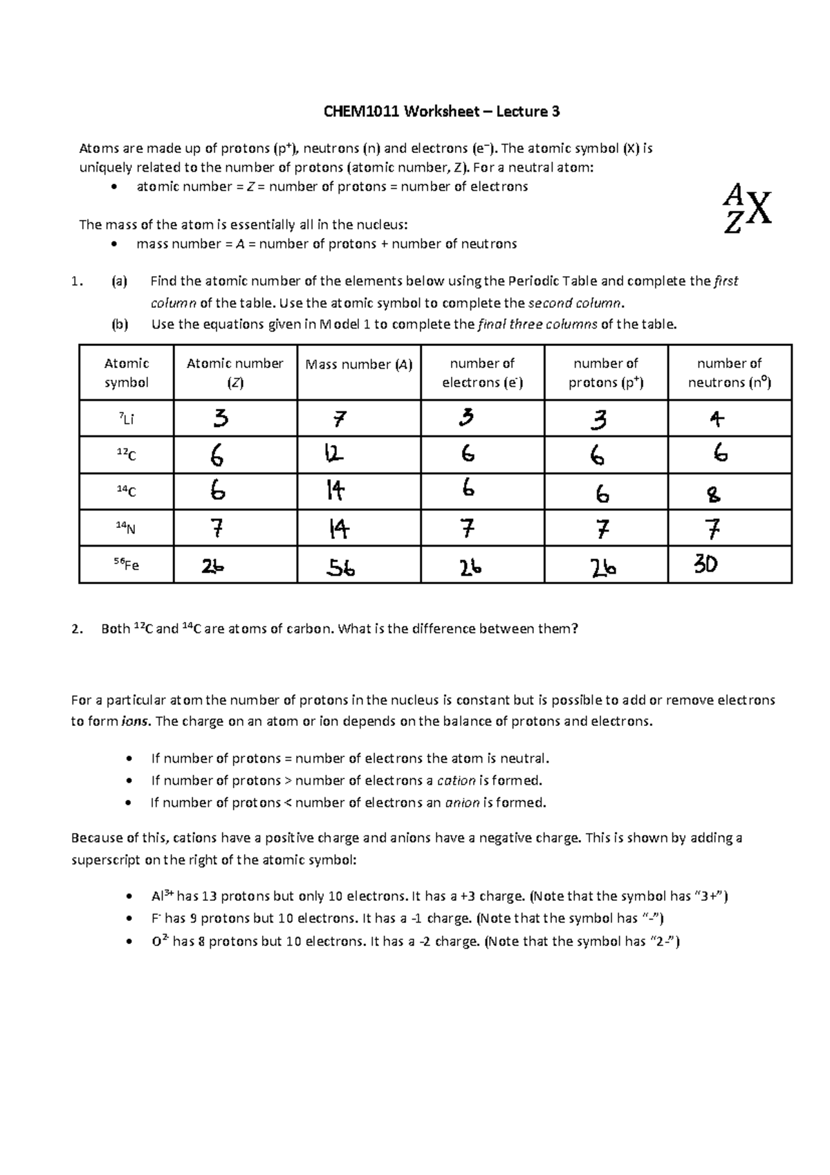 Worksheet+03 - worksheet - CHEM1011 Worksheet 3 Lecture 3 Atoms are ...