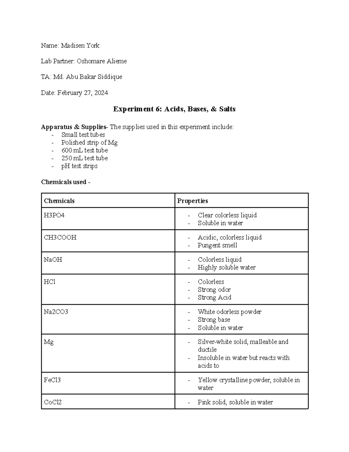 Experiment 6 Acids, Bases, & Salts - Name: Madisen York Lab Partner 