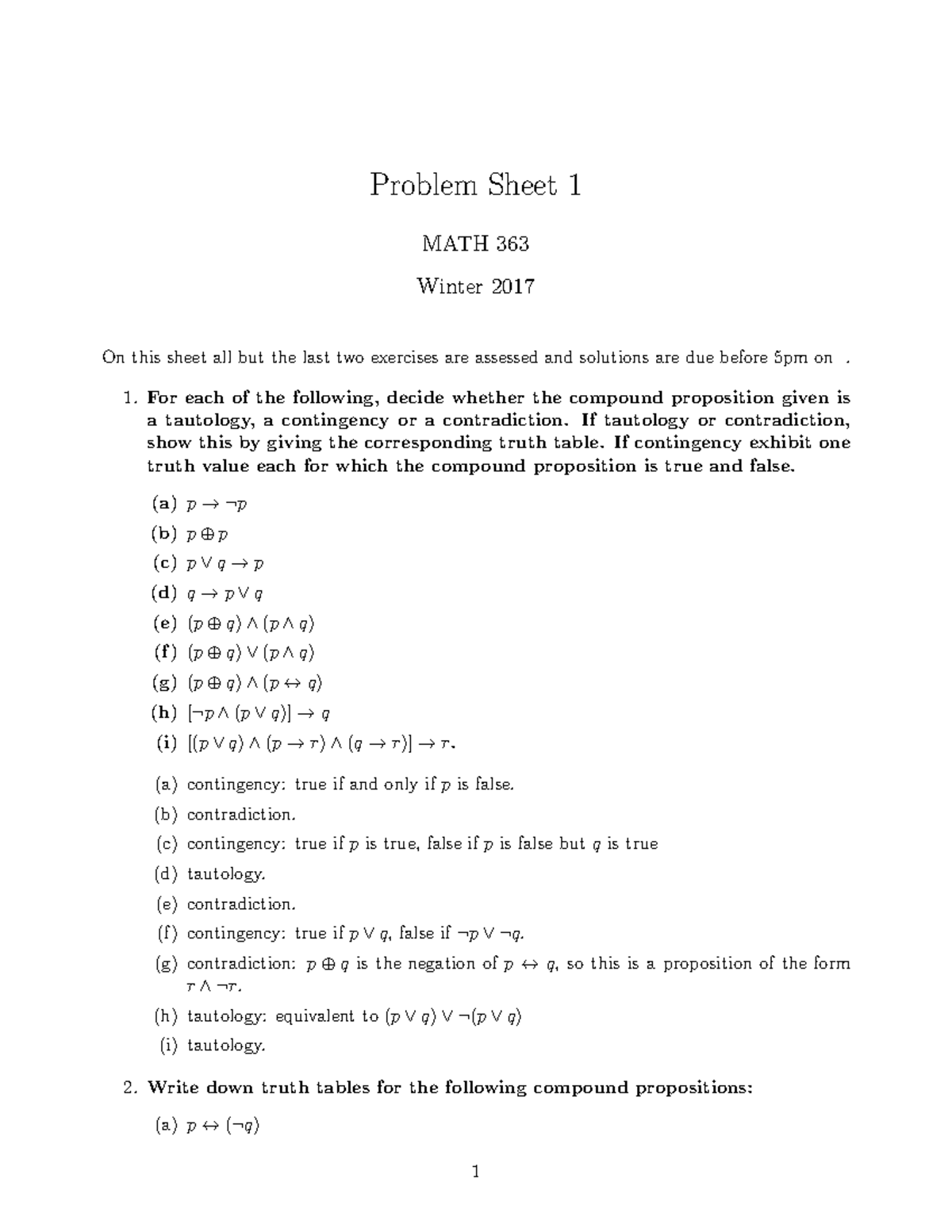 Math363 PS1 Solutions - Lecture Notes 2 - Problem Sheet 1 MATH 363 ...