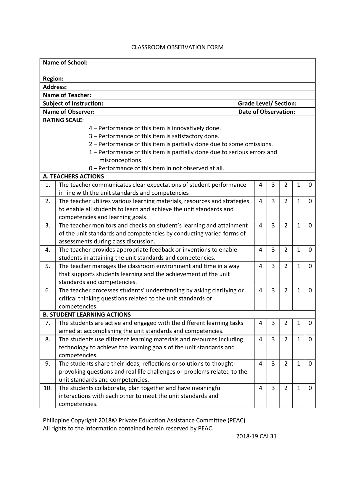 Classroom Observation Form - CLASSROOM OBSERVATION FORM Name of School ...