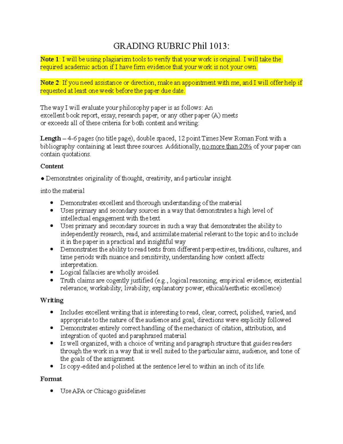 Paper Guidelines and Topic list - GRADING RUBRIC Phil 1013: Note 1: I ...