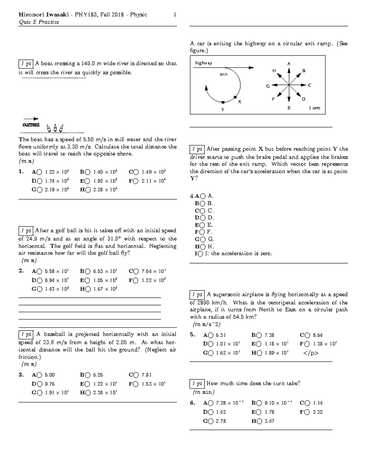 Quiz 2 Practice - Hironori Iwasaki - PHY183, Fall 2018 - Physic 1 Quiz ...