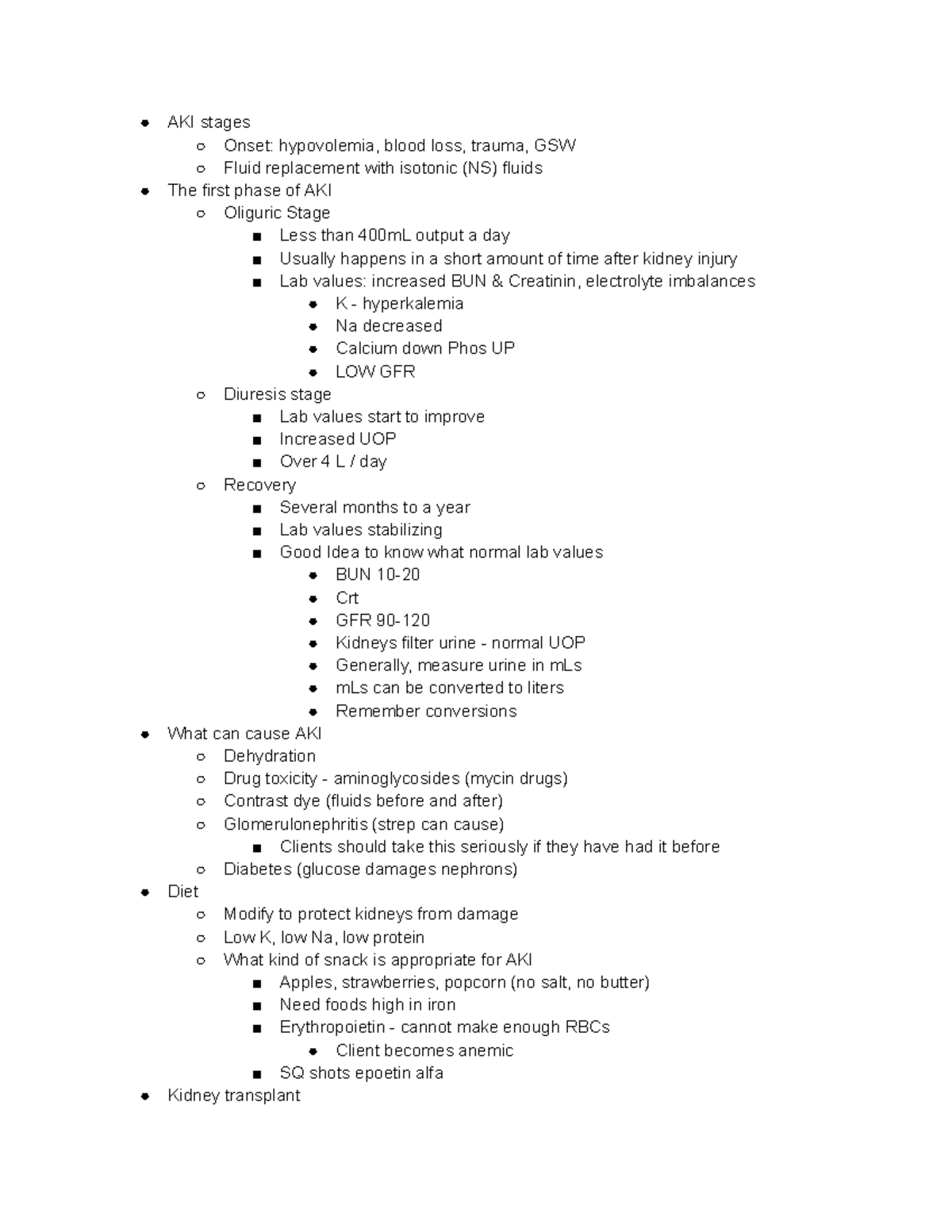 Exam 3 study guide - Google Docs - AKI stages Onset: hypovolemia, blood ...