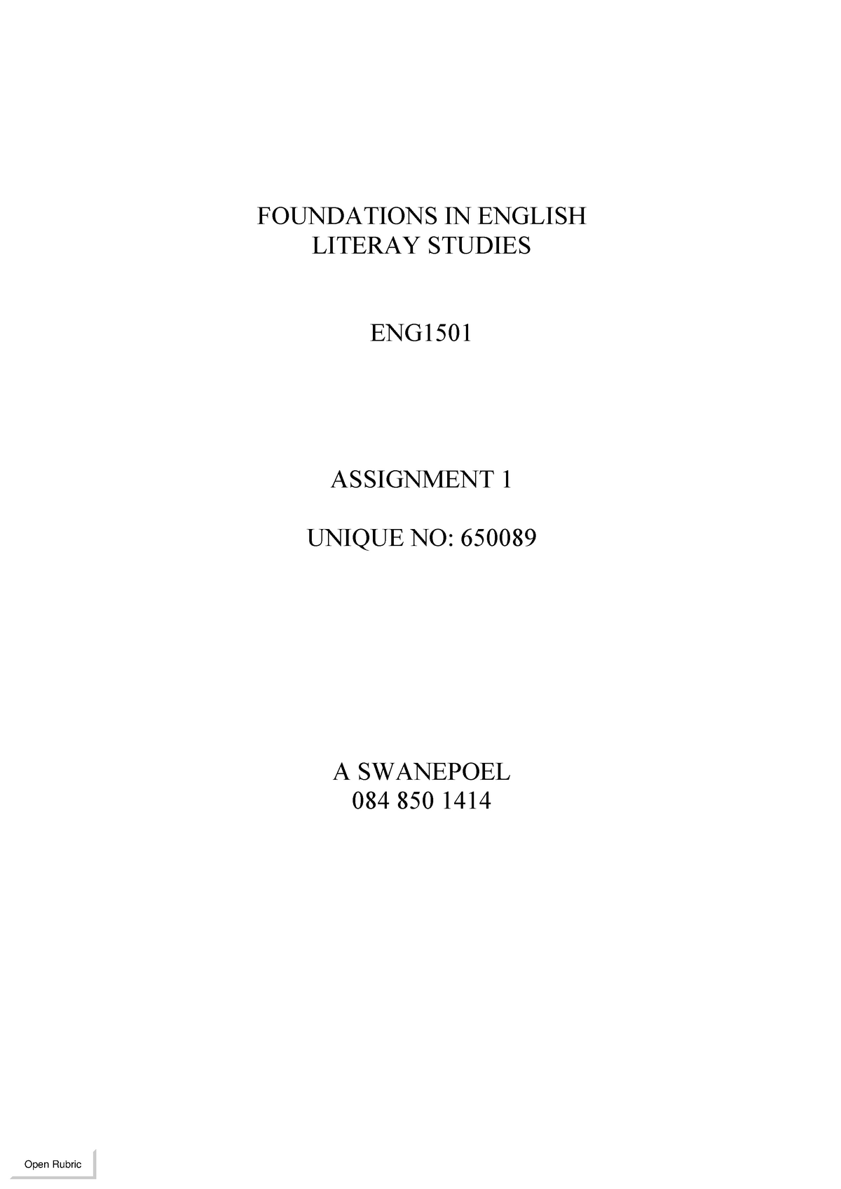 ENG1501 01 (MARKED ASS 92%) - FOUNDATIONS IN ENGLISH LITERAY STUDIES ...