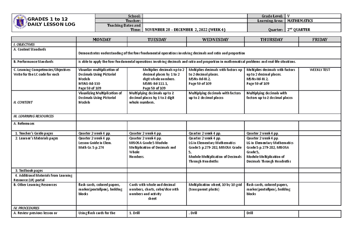 DLL Mathematics 5 Q2 W4 - lesson plan - GRADES 1 to 12 DAILY LESSON LOG ...