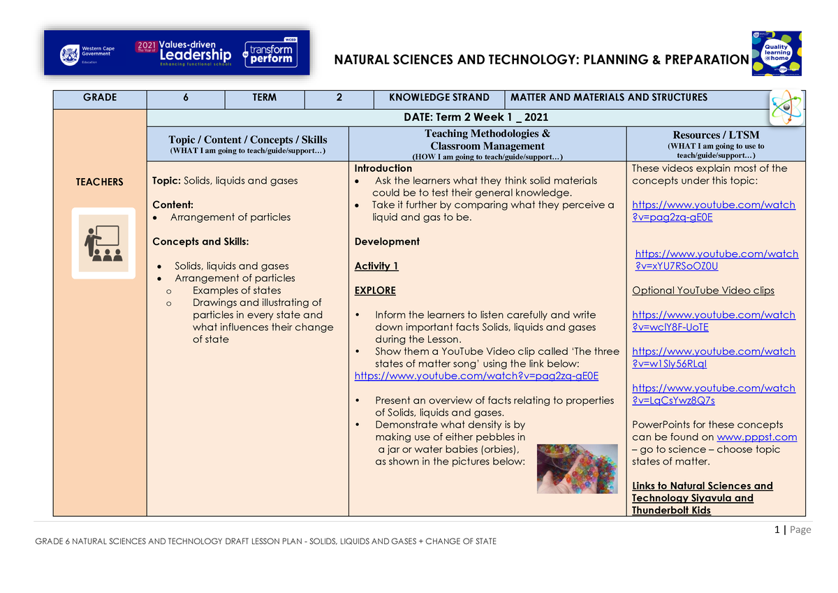 Lesson Plan Gr. 6 Natural Sciences And Technology T2 W1 - 1 | Page ...