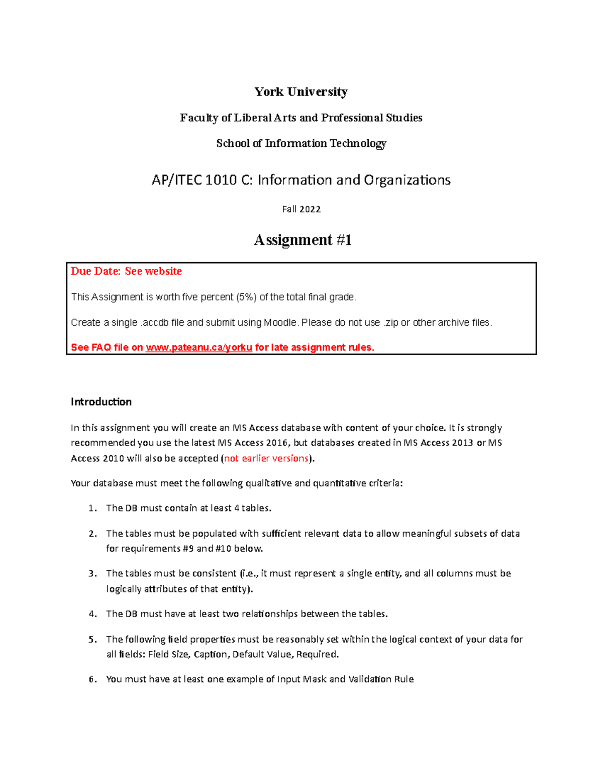 Assignment One - York University Faculty of Liberal Arts and ...