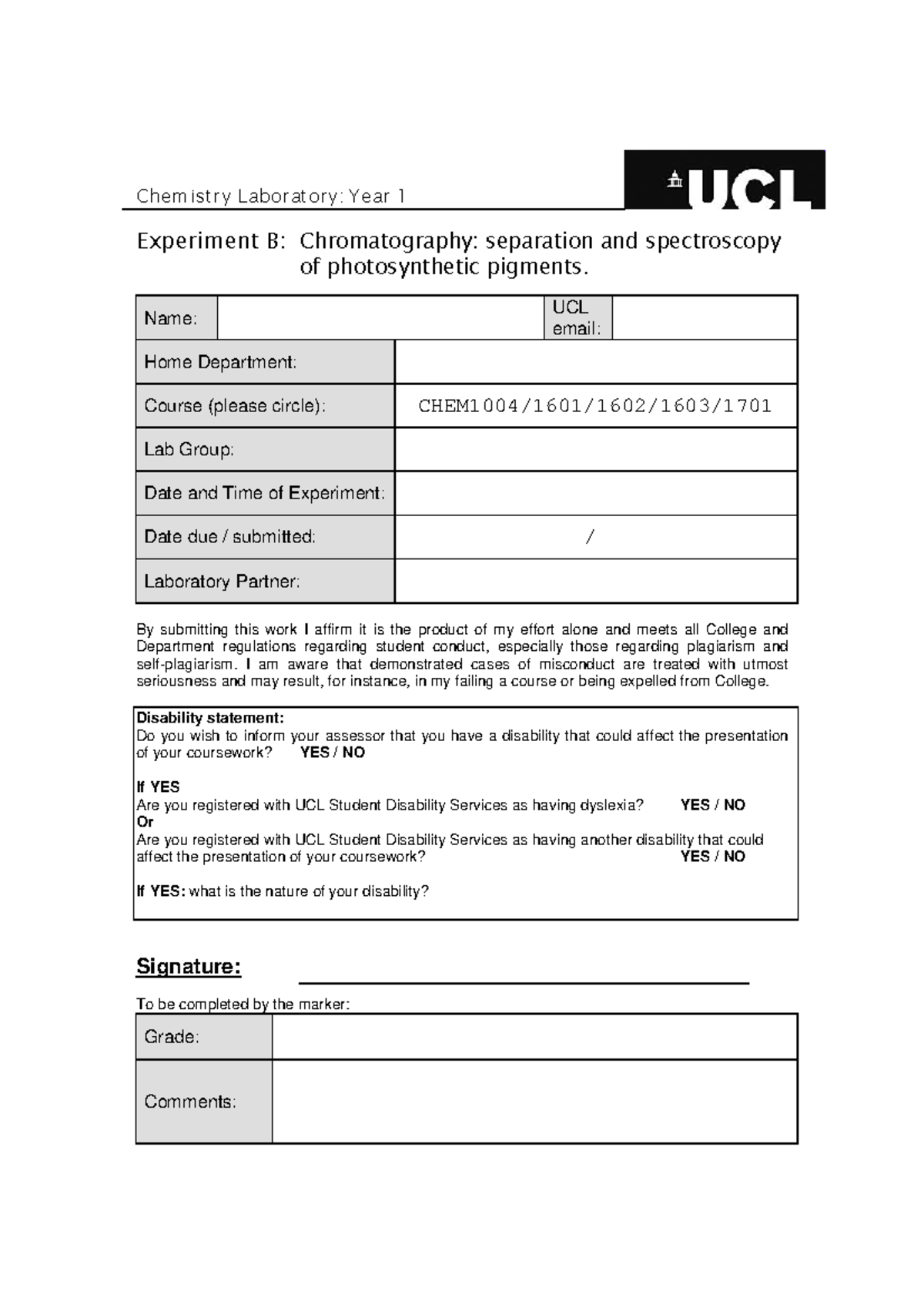 Practical Experiment b chromatography Chemistry Laboratory Year