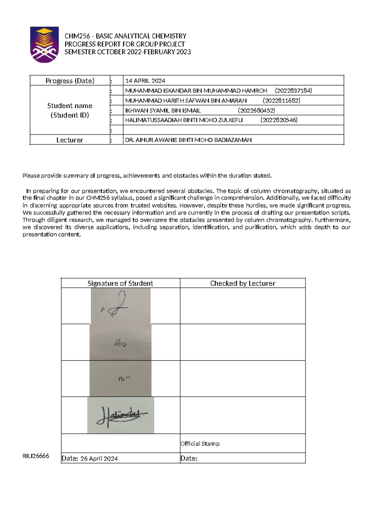 Report Progress For Video Assignment Chm256 - CHM256 - BASIC ANALYTICAL ...