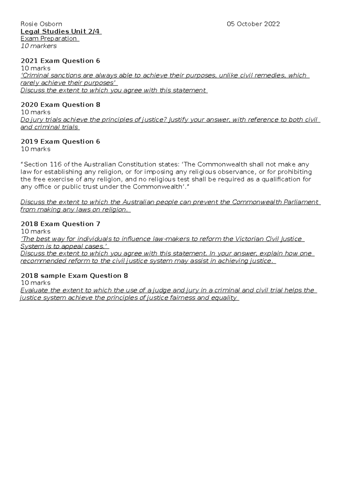 Exam prep 10 markers Legal Studies Unit 3 and 4 VCE Rosie Osborn 05 October 2022 Legal