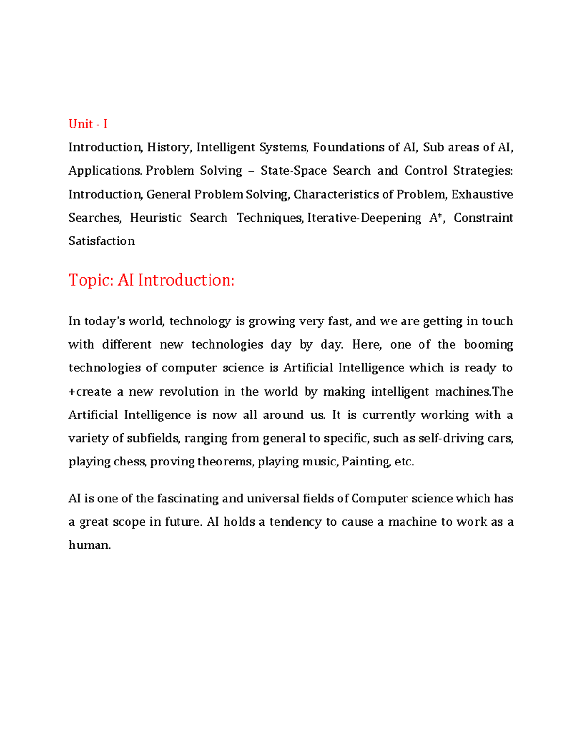 AI Notes UNIT 1 - Good for reading - Unit - I Introduction, History ...