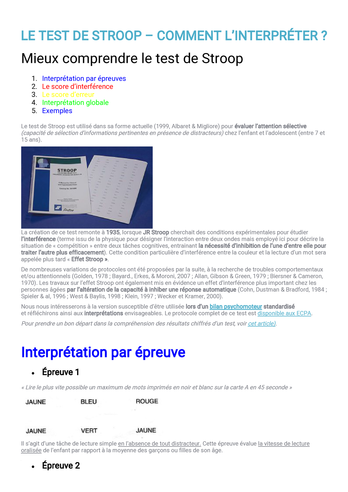 Le Test De Stroop Fiche Le Test De Stroop Comment LinterprÉter