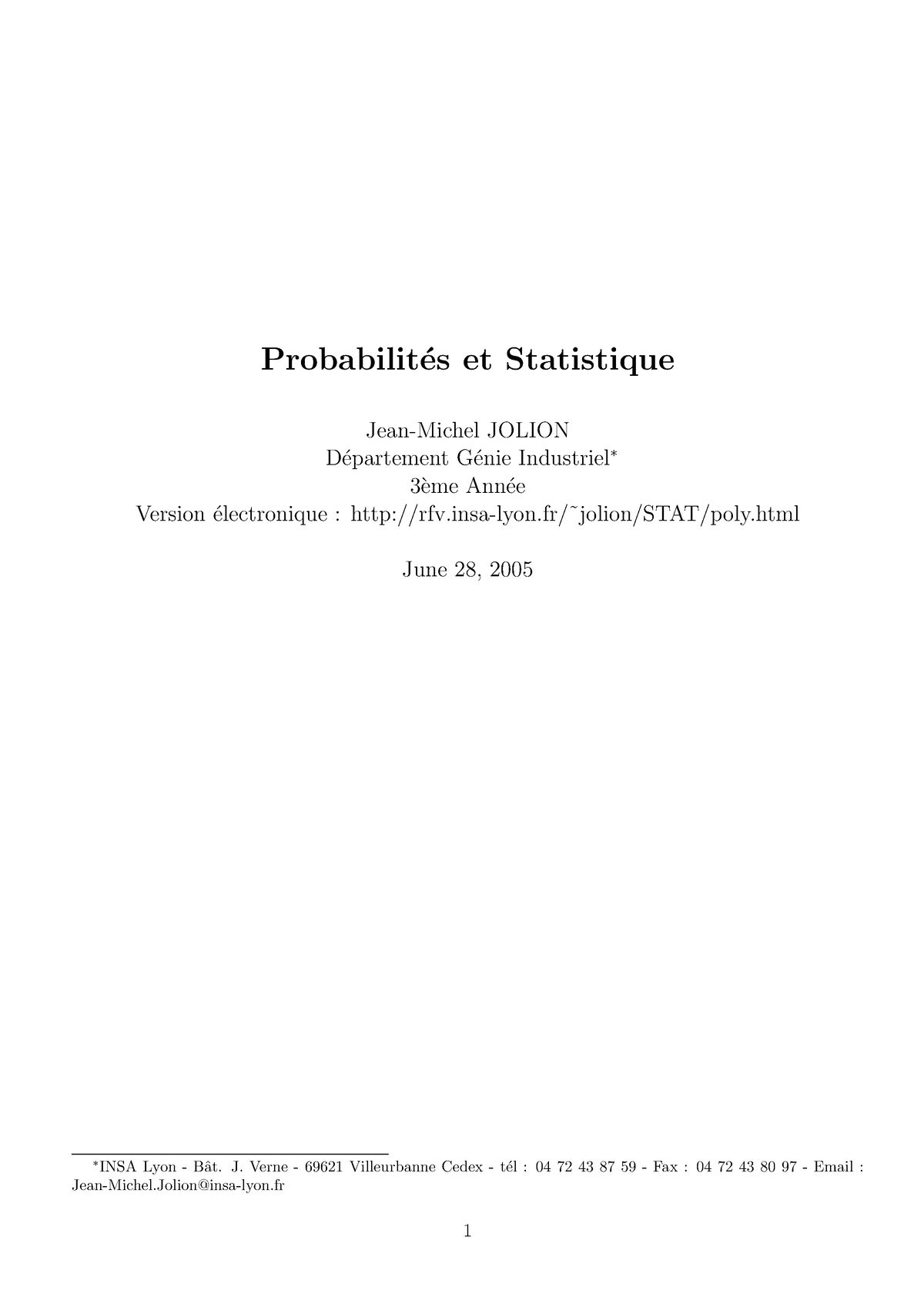 Probabilites Et Statistique - Probabilit ́es Et Statistique Jean-Michel ...