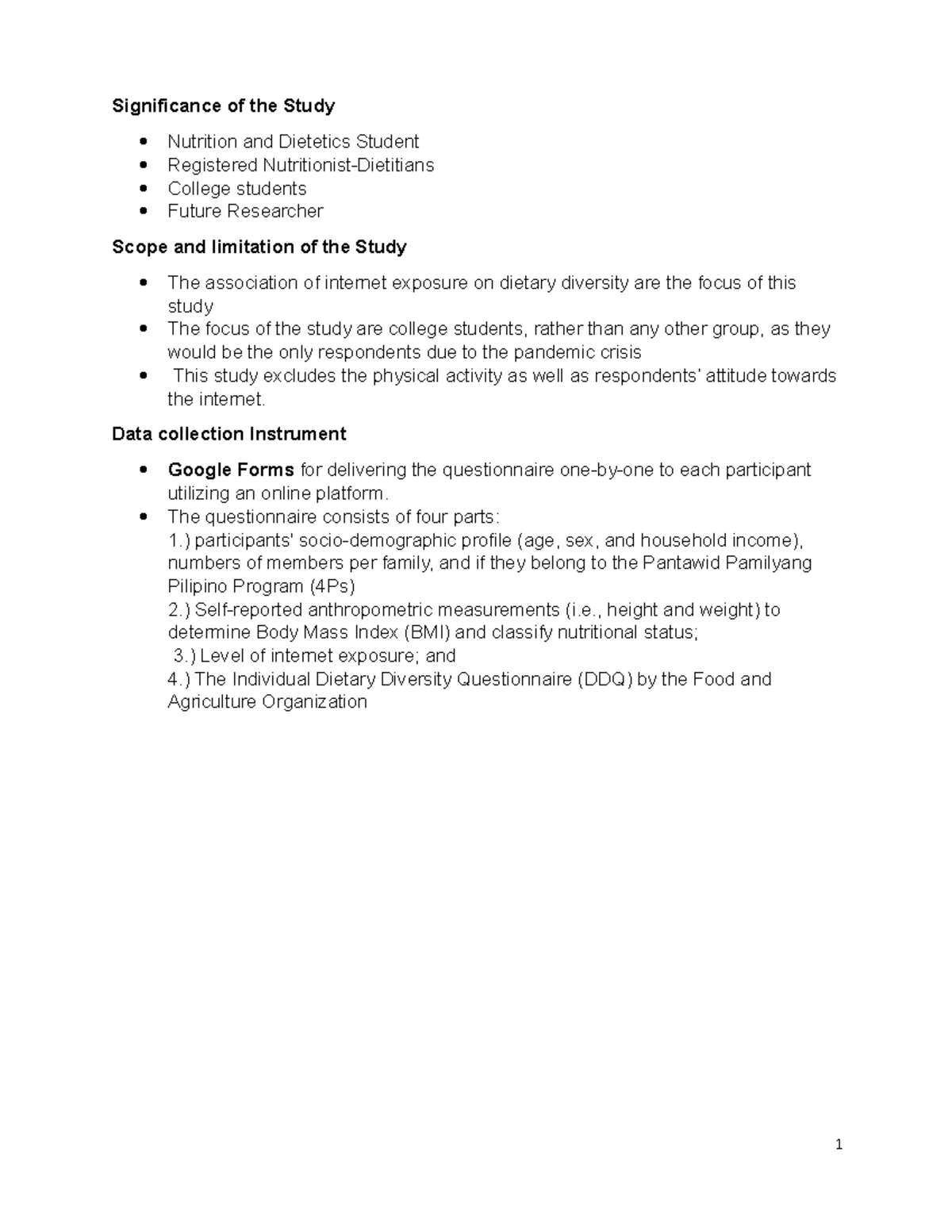 Data Collection Instrument - Significance Of The Study Nutrition And 