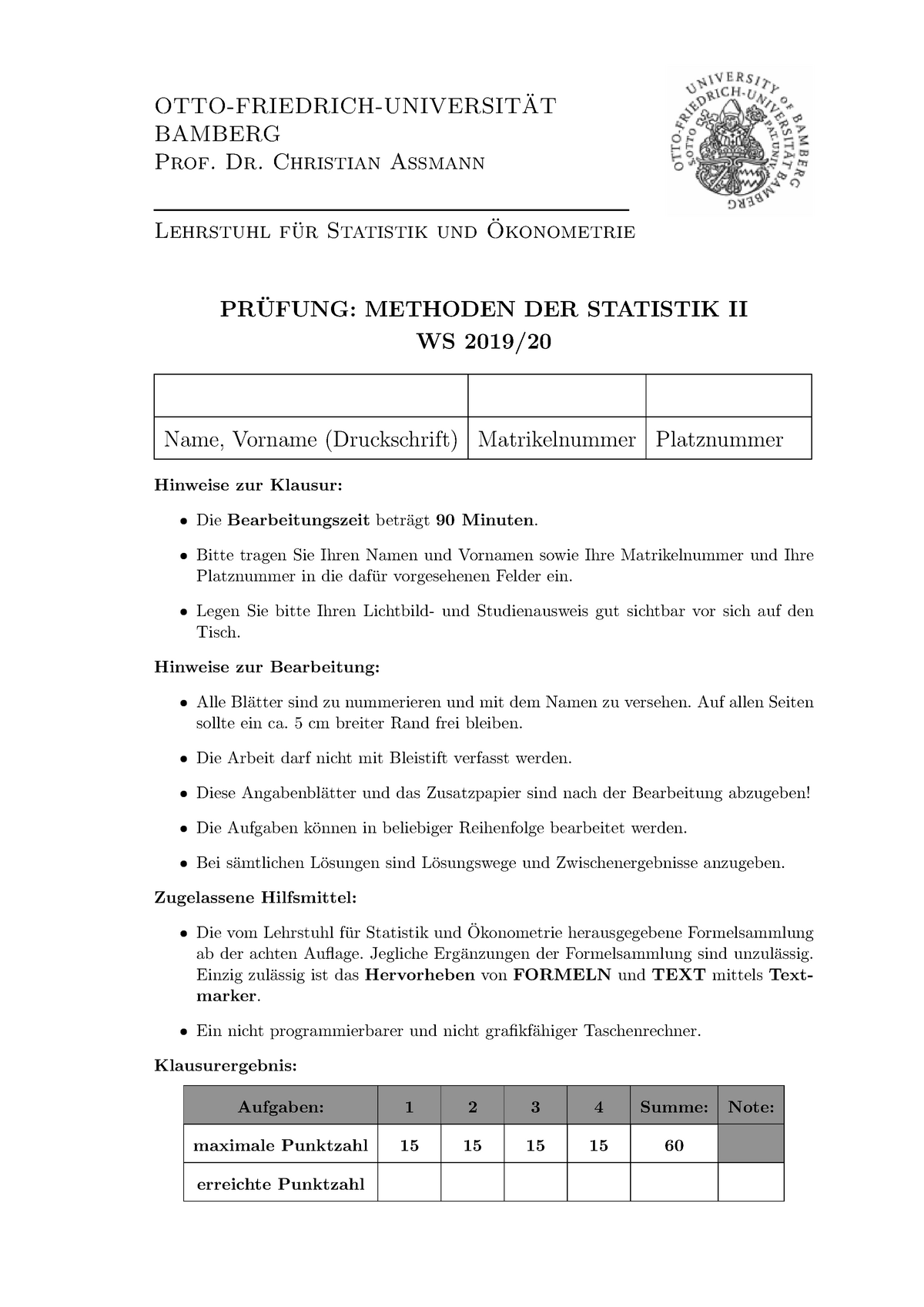 WS2019 20 Statistik II Klausur - OTTO-FRIEDRICH-UNIVERSITAT ̈ BAMBERG ...