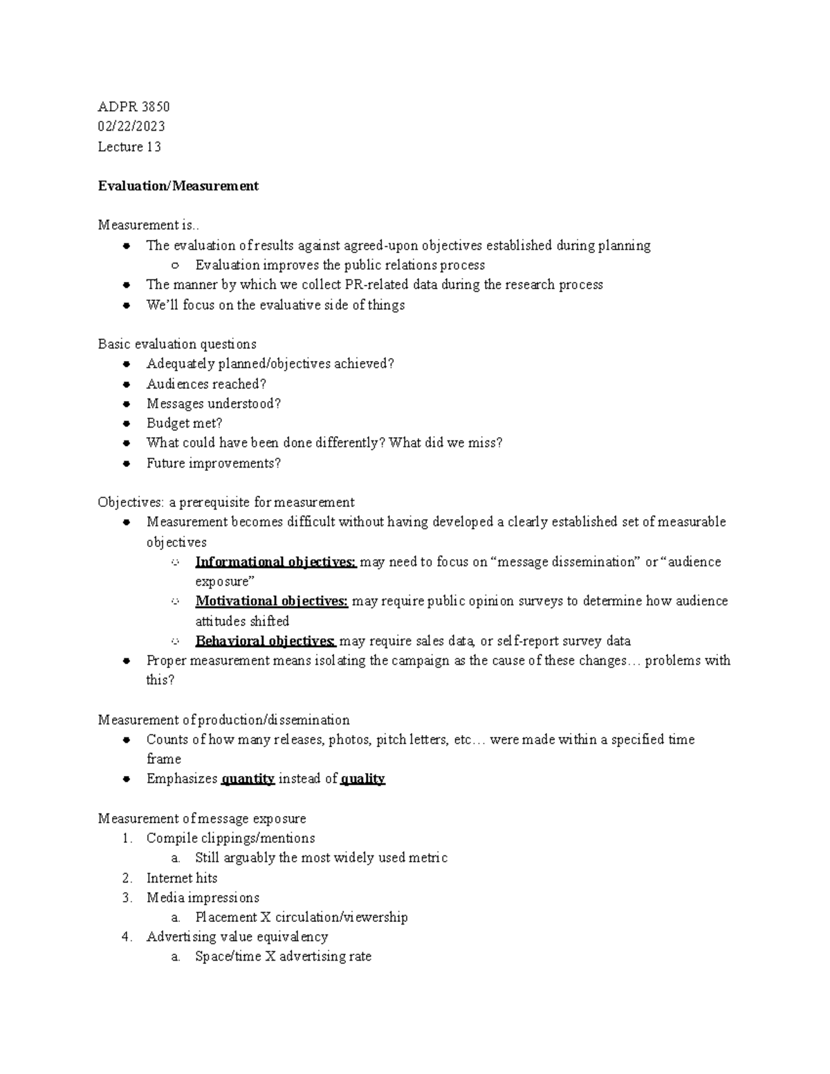 ADPR Lecture 13 - NOTES - ADPR 3850 02/22/ Lecture 13 Evaluation ...