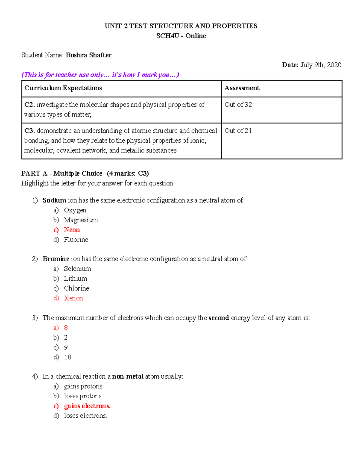 Copy of SCH 4U UNIT 2 TEST Structure AND Properties Bolzon - UNIT 2 ...