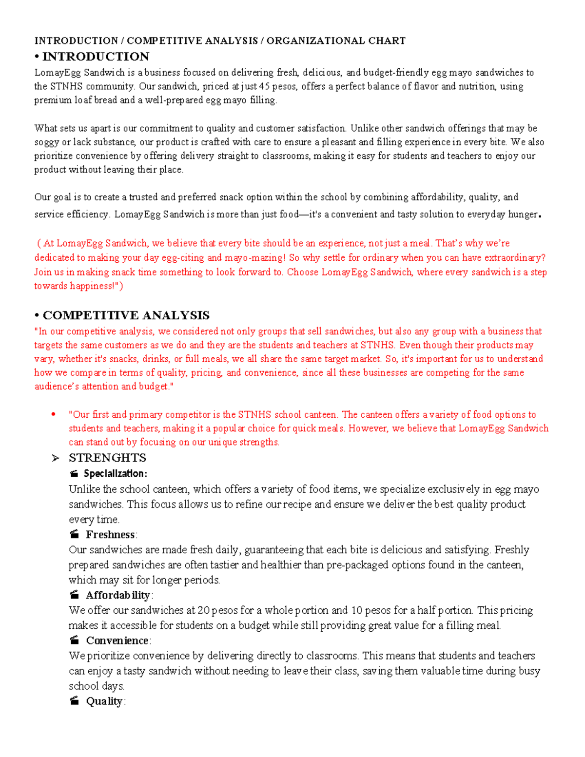 Introduction Competitive Analysis Organizational Chart - INTRODUCTION ...