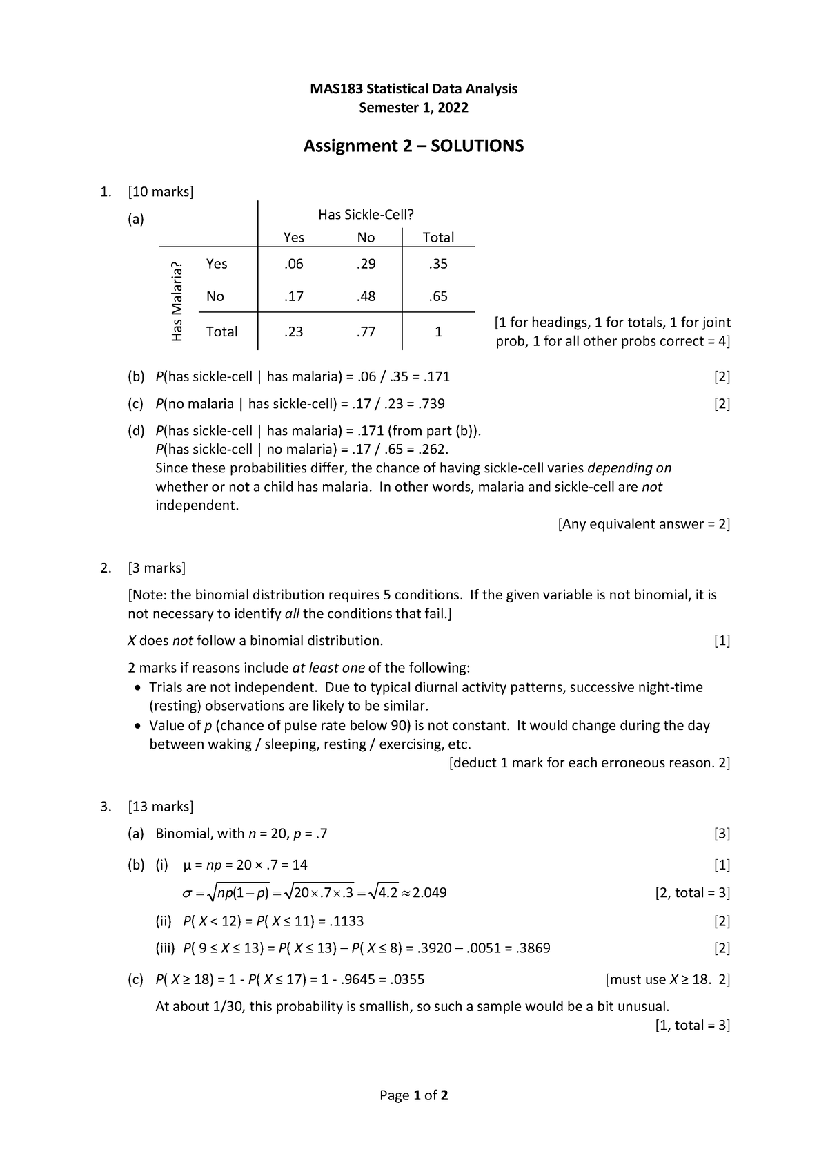 Assign 2 Sol - Page 1 Of 2 MAS183 Statistical Data Analysis Semester 1 ...