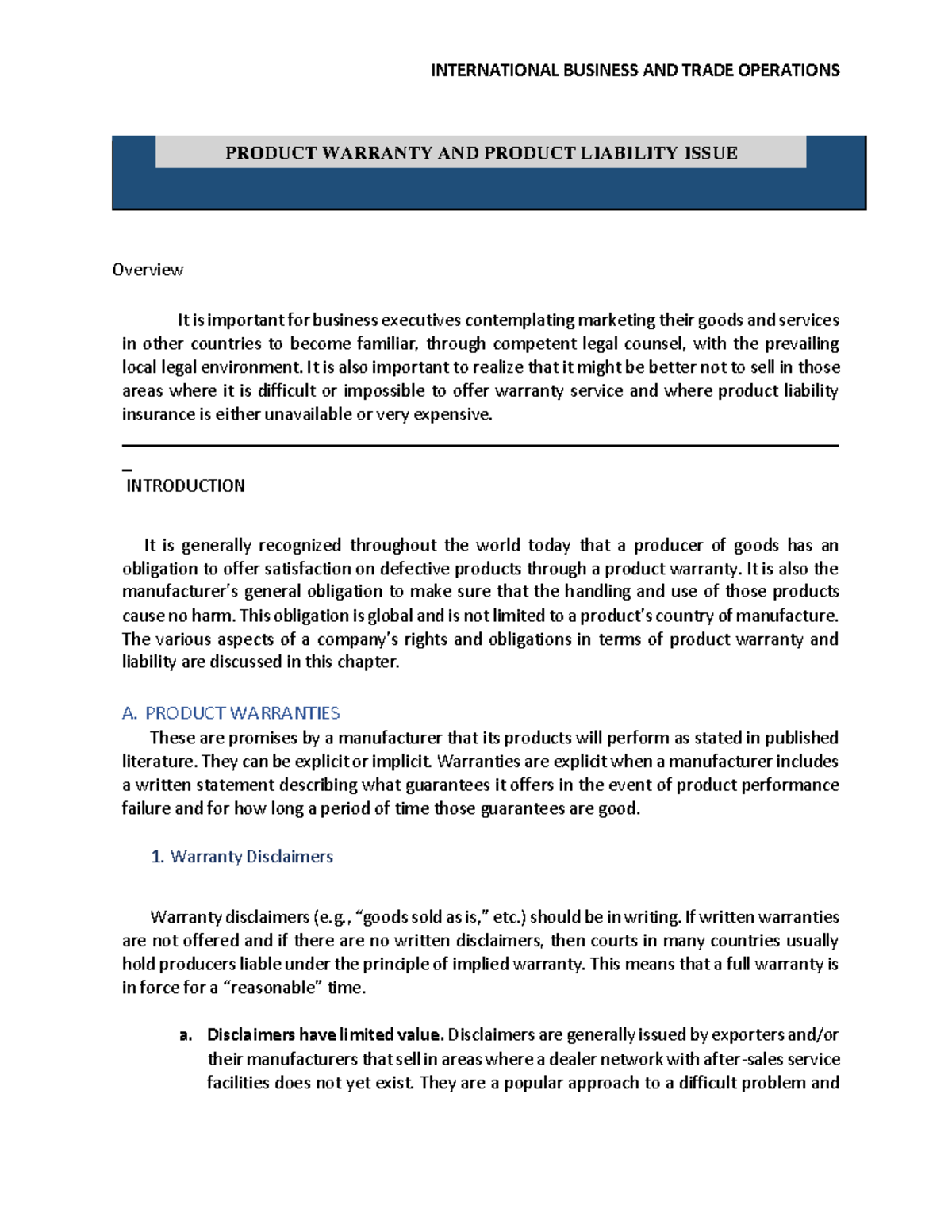 Product Warranty and Liability Issue - PRODUCT WARRANTY AND PRODUCT ...