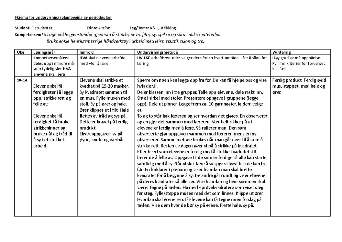 Periodeplan - Skjema For Undervisningsplanlegging Av Periodeplan ...