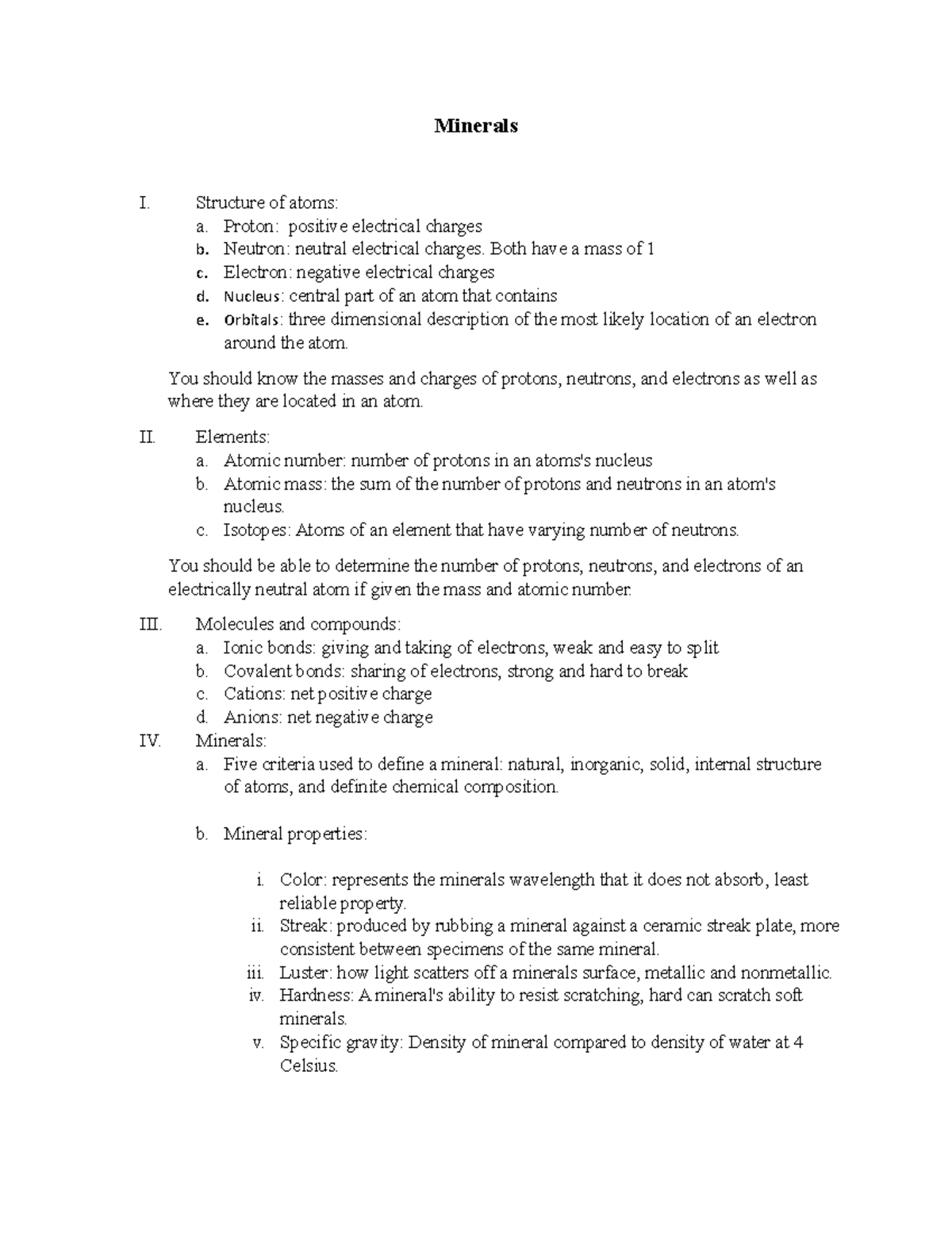 Minerals Lecture notes - Minerals I. Structure of atoms: a. Proton ...