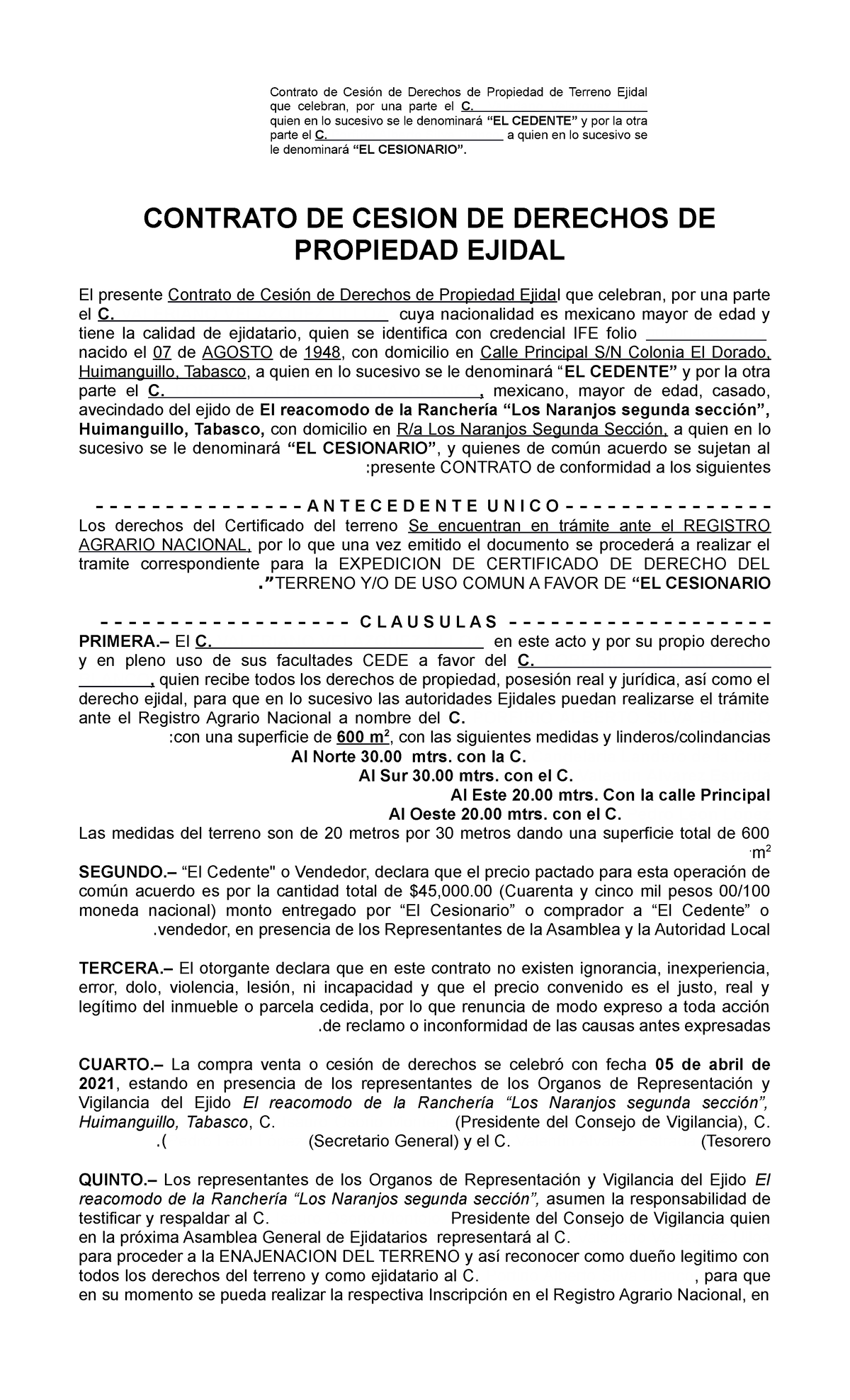 Contrato DE Sesion DE Derechos Ejidales - CONTRATO DE CESION DE DERECHOS DE  PROPIEDAD EJIDAL El - Studocu
