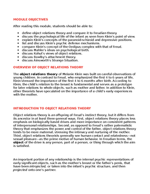 Object Relations - Test Questions (KLEIN, MAHLER, BOWLBY) - OBJECT ...