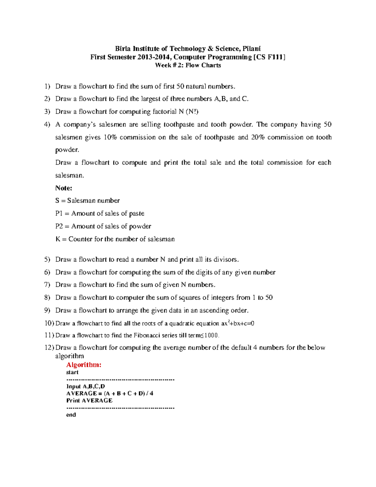 Week 2 - Flow Chart - practice and assignments - Birla Institute of ...
