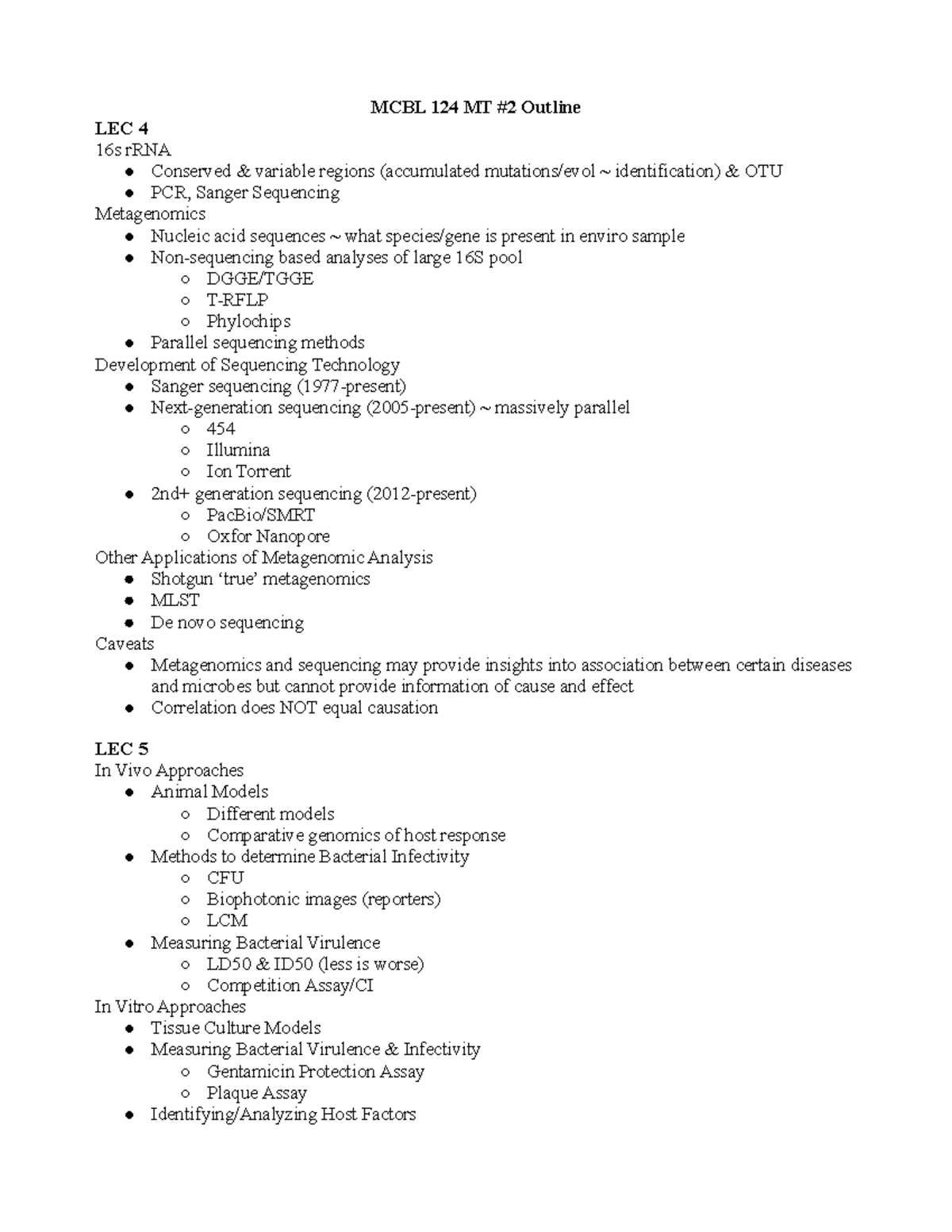 Mcbl 124 Mt #2 Review - Micrbio - Mcbl 124 Mt #2 Outline Lec 4 16s Rrna 