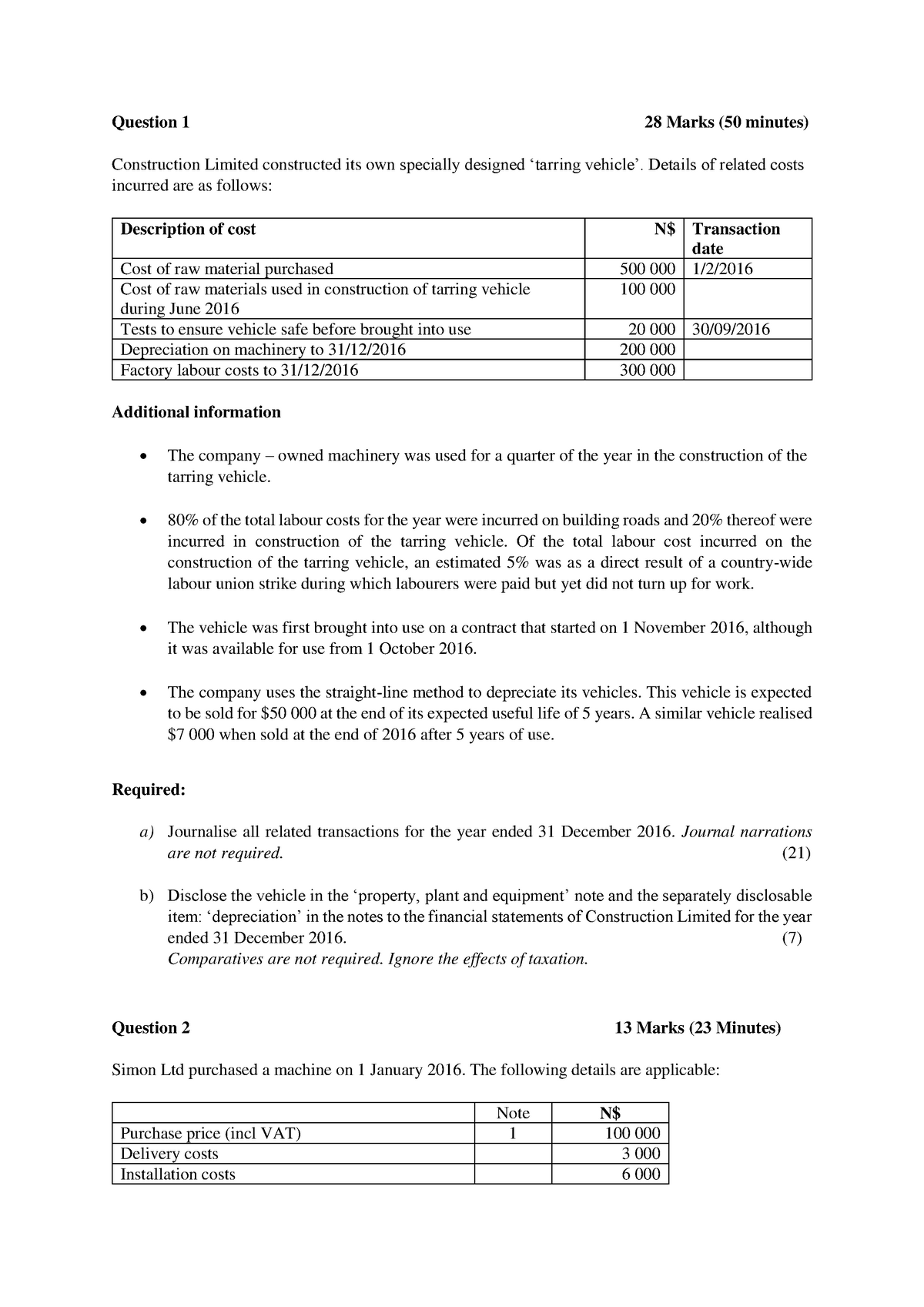 PPE questions - Question 1 28 Marks (50 minutes) Construction Limited ...