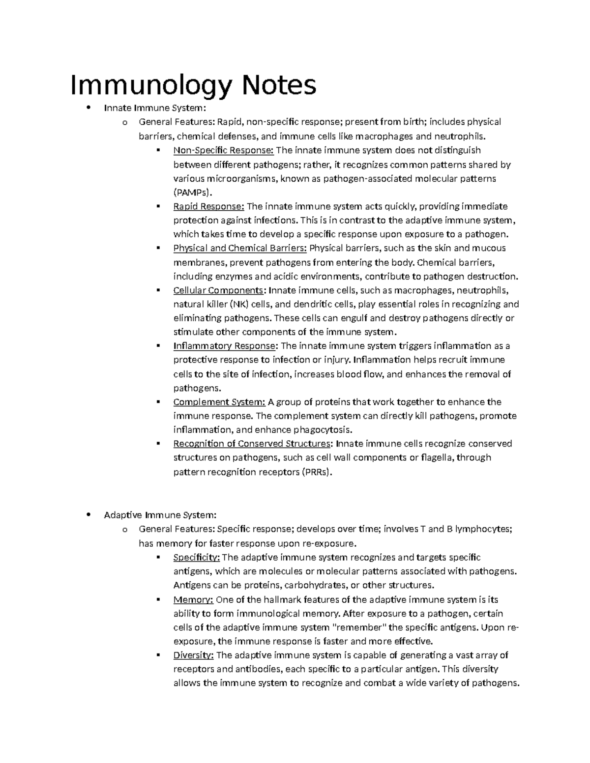 BIOL 364 Immunology Notes compete - Immunology Notes Innate Immune ...