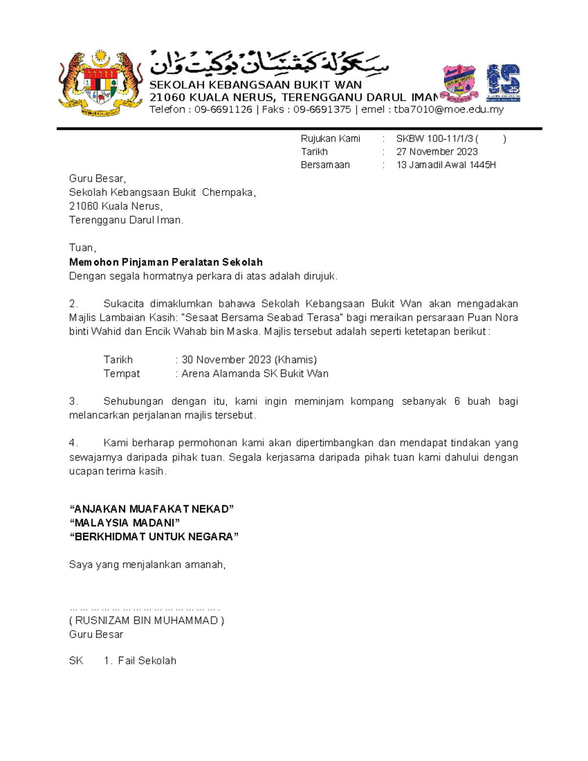 Surat Pinjam Kompang Rujukan Kami Skbw 100 11 13 Tarikh 27