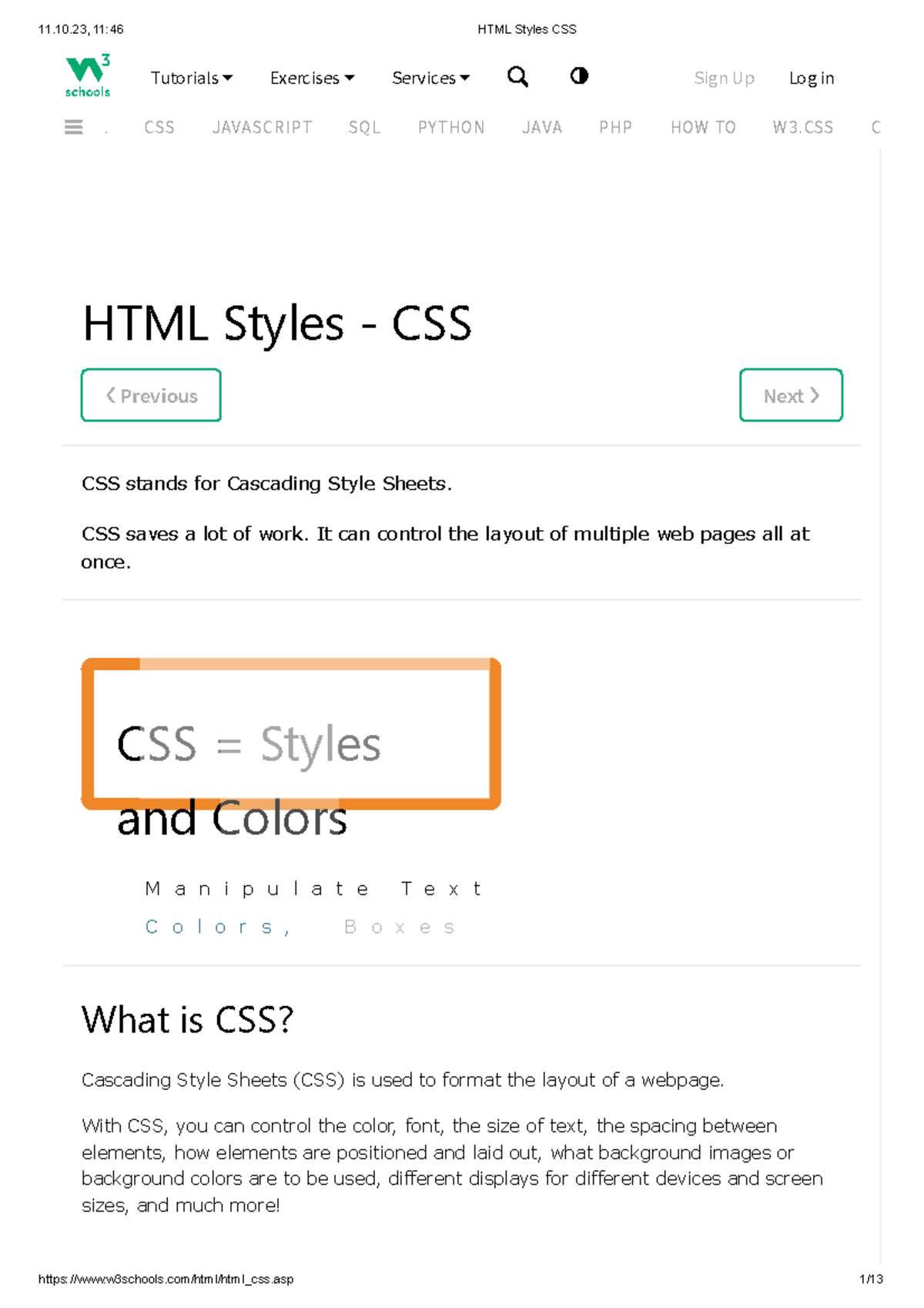 HTML Styles CSS - sumary - Previous Next HTML Styles - CSS ####### CSS ...