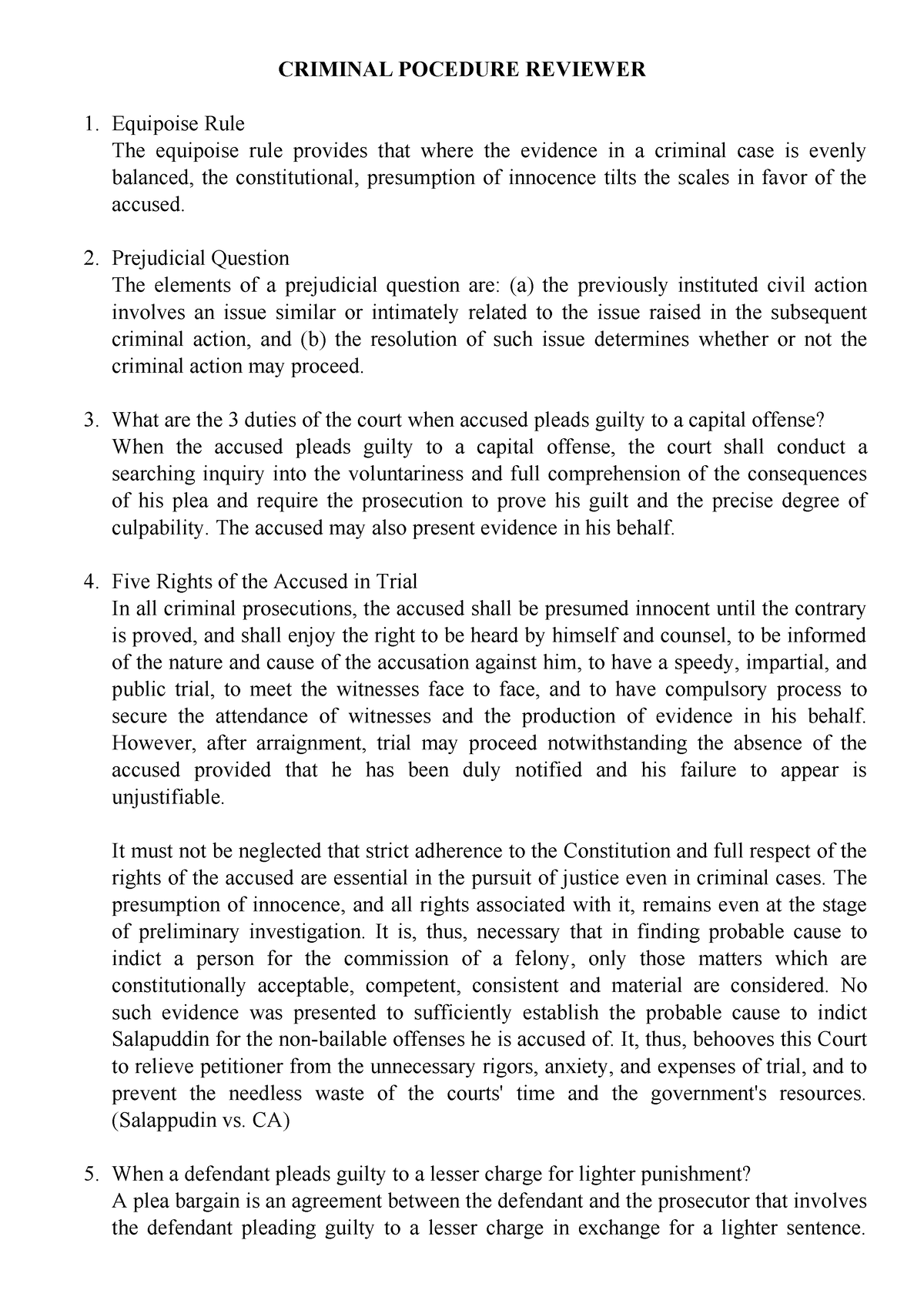 Exam Reviewer - Notes Only - CRIMINAL POCEDURE REVIEWER Equipoise Rule ...