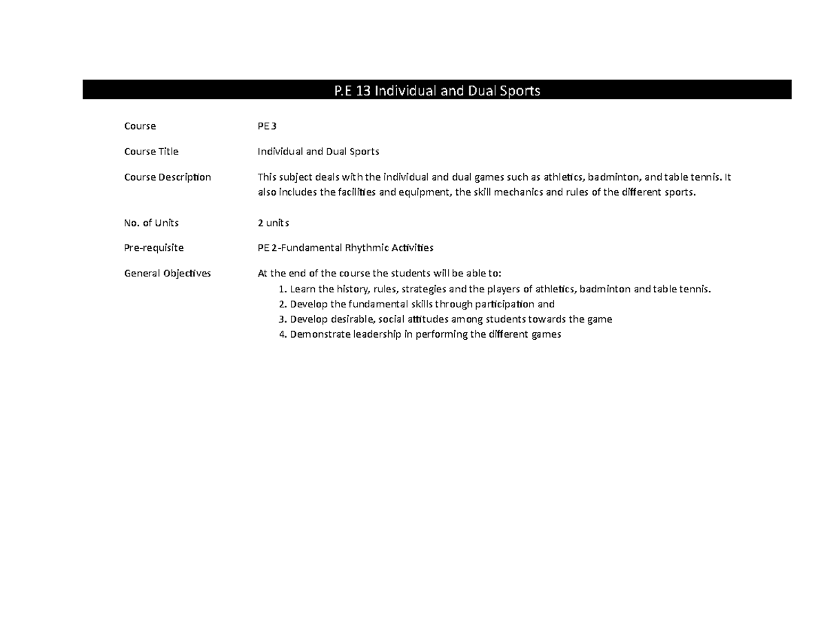 P.E 13 Individual and Dual Sports - P 13 Individual and Dual Sports ...