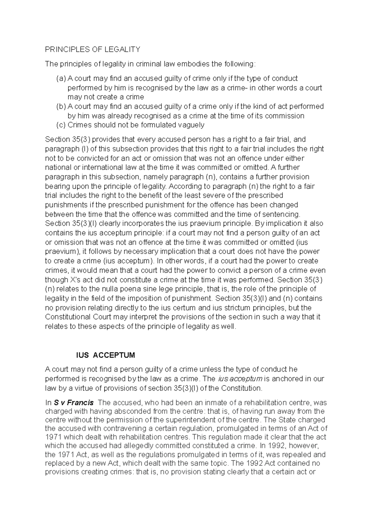 Principles of criminal law summary - PRINCIPLES OF LEGALITY The ...