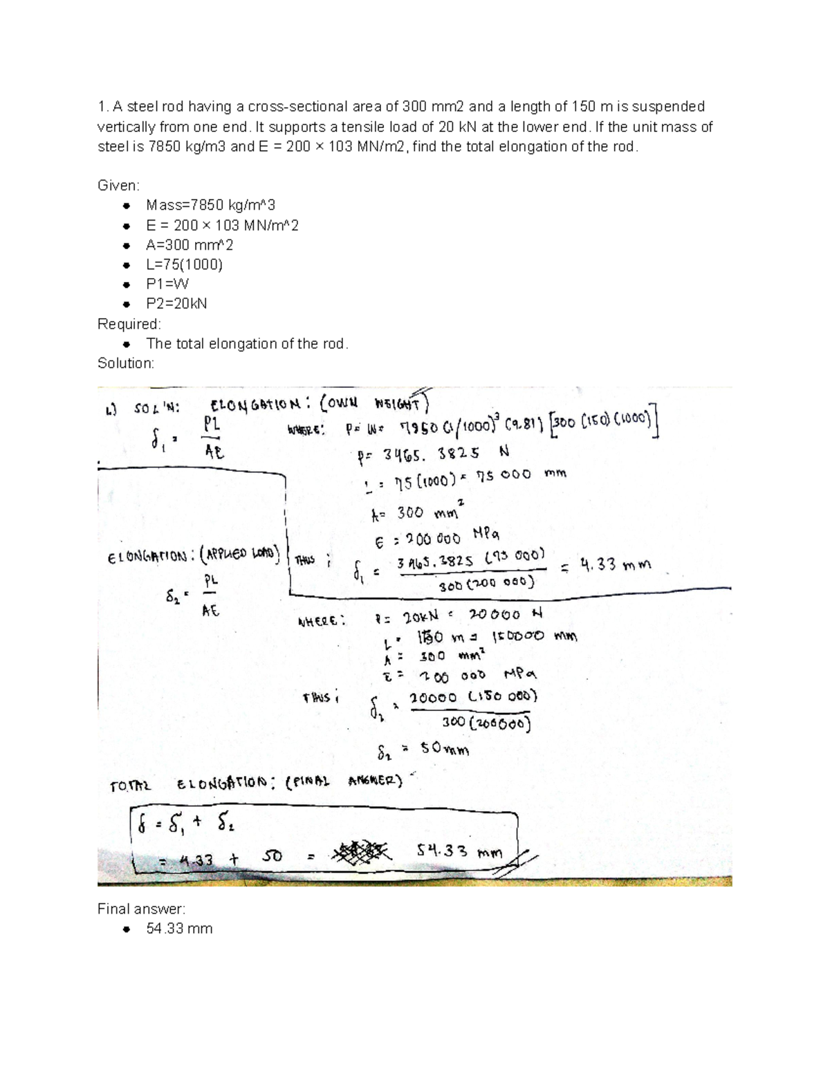 Bs CE2 Mechanics of Deformable bodies A steel rod having a cross