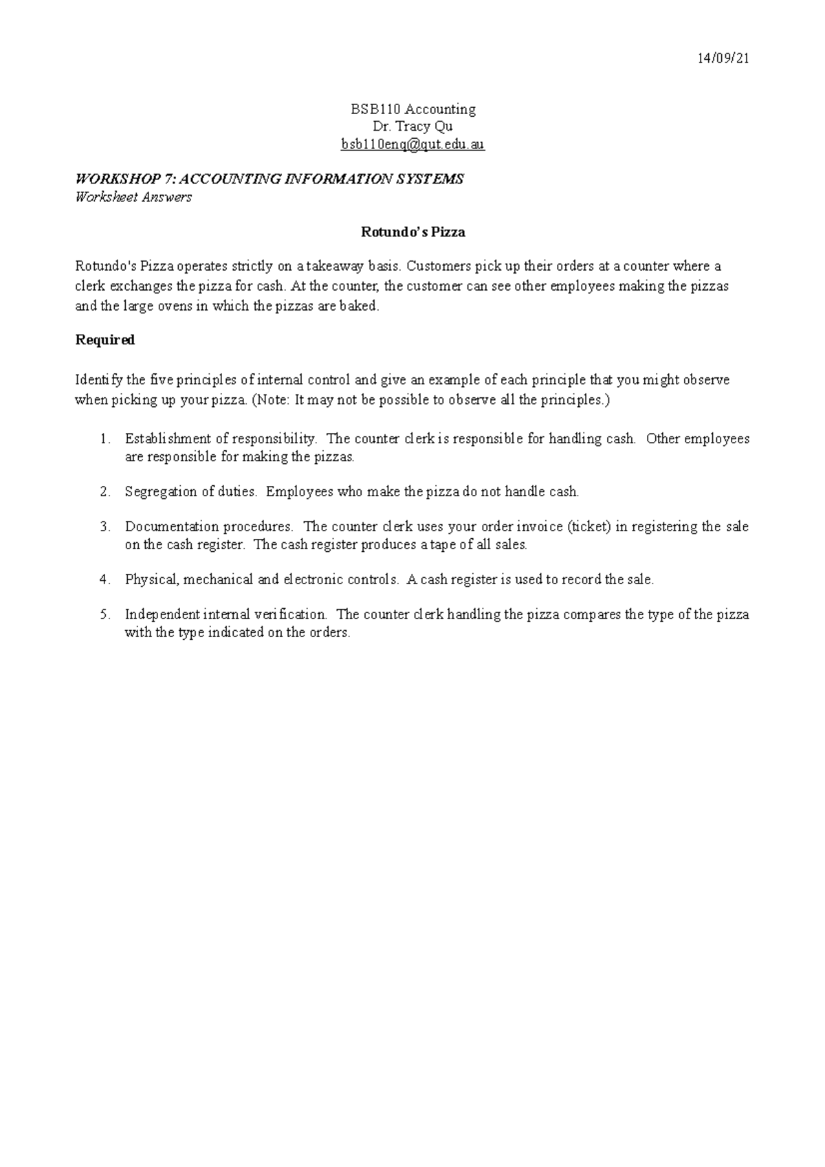 Workshop 7 - BSB110 Accounting Dr. Tracy Qu bsb110enq@qut.edu WORKSHOP ...