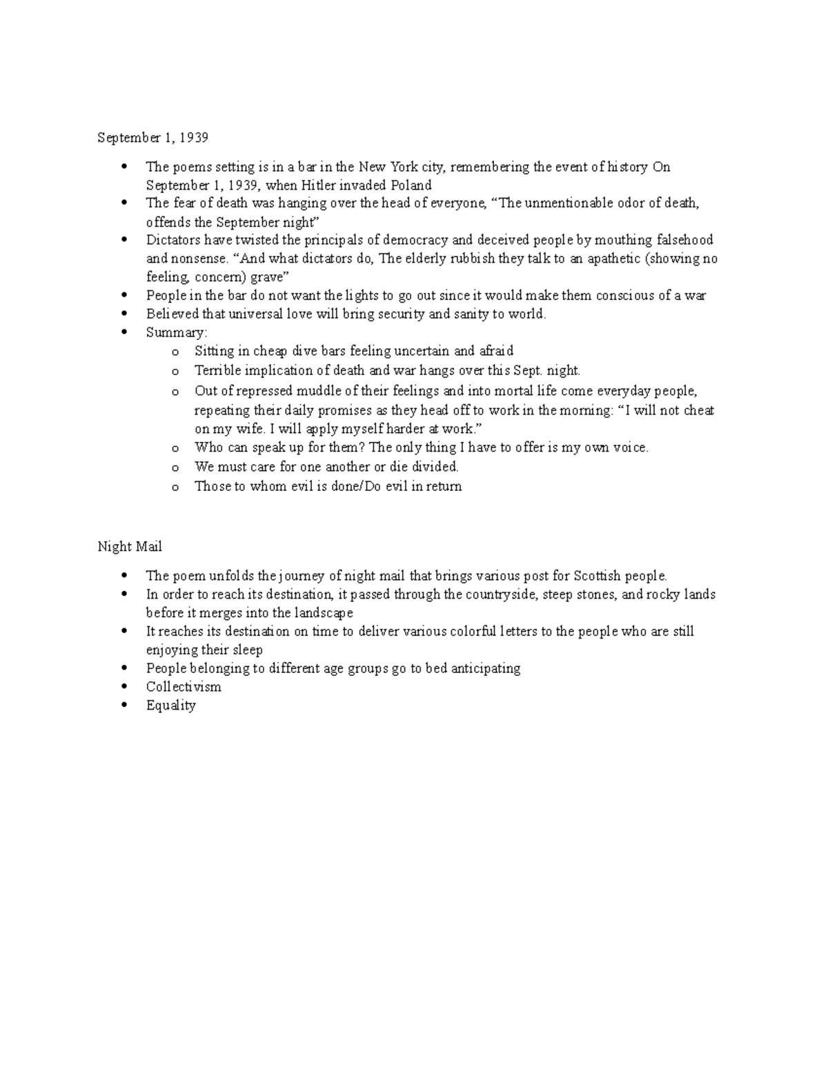 Unit 1 Notes - J. White Lecture - September 1, 1939 The poems setting ...