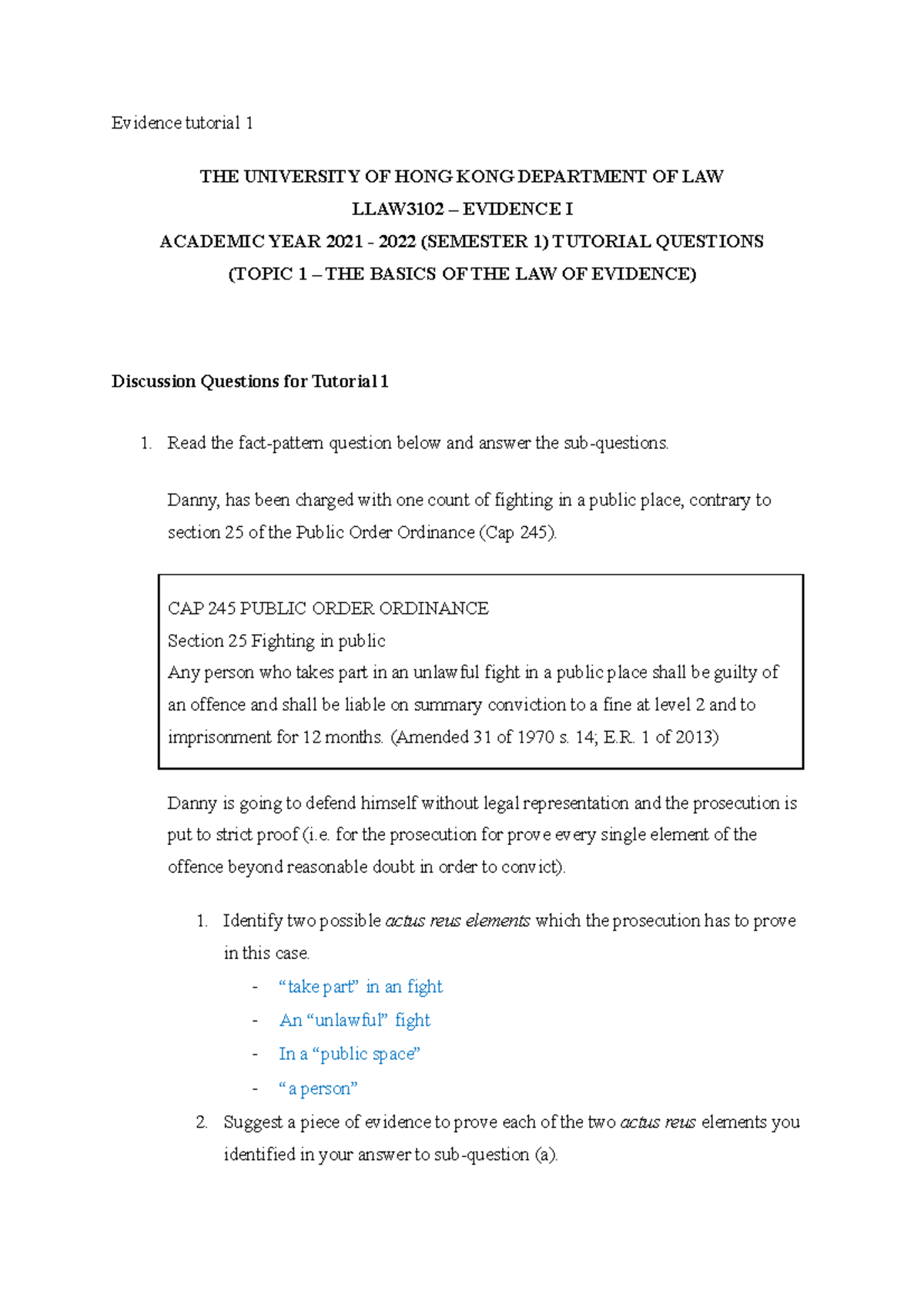 Evidence Tut1 - Tutorial 1 - Evidence Tutorial 1 THE UNIVERSITY OF HONG ...