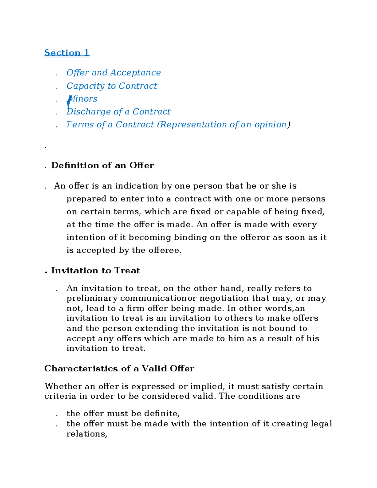 Exam Notes - Business Law - Section 1 . Offer and Acceptance . Capacity ...