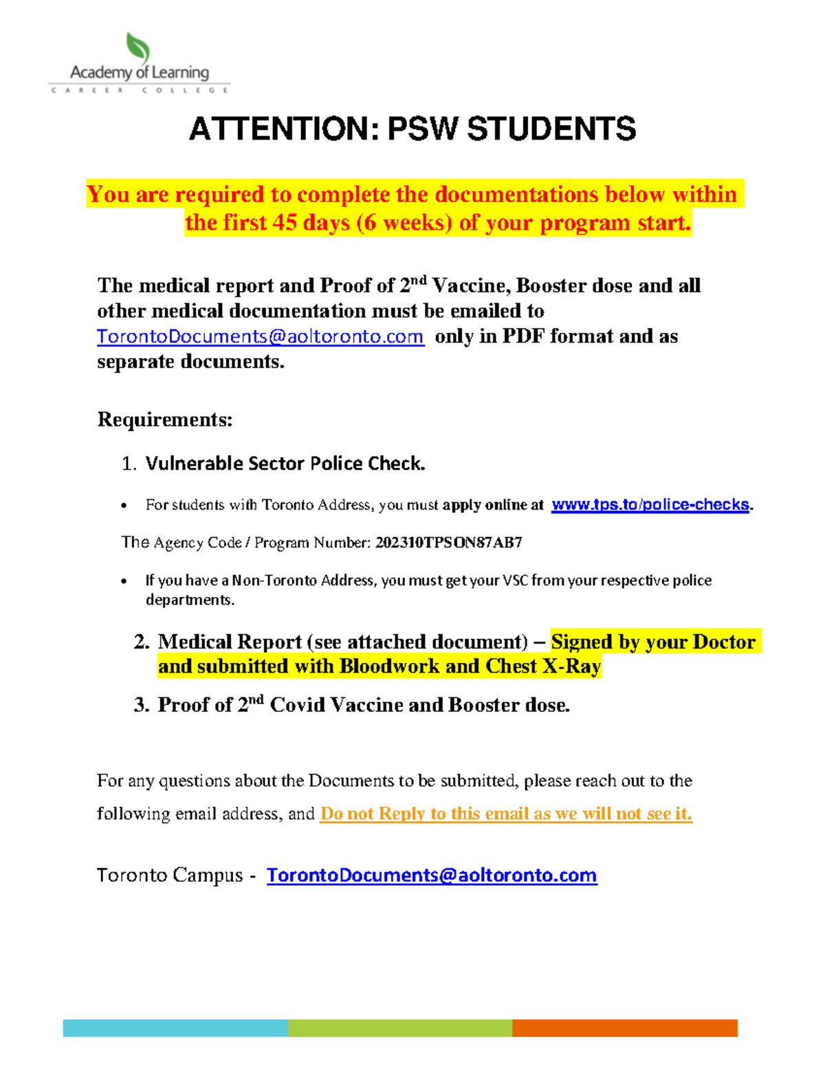 PSW Requirements - ATTENTION: PSW STUDENTS You are required to complete ...
