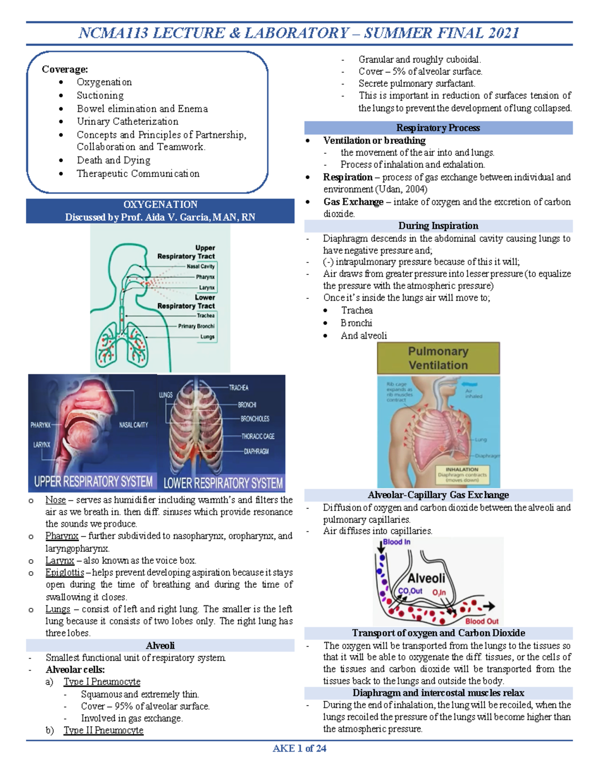 Oxygenation - NCMA113 LECTURE & LABORATORY – SUMMER FINAL 2021 AKE 1 of ...