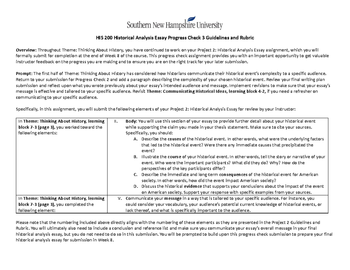 HIS 200 Historical Analysis Essay Progress Check 3 Guidelines and ...