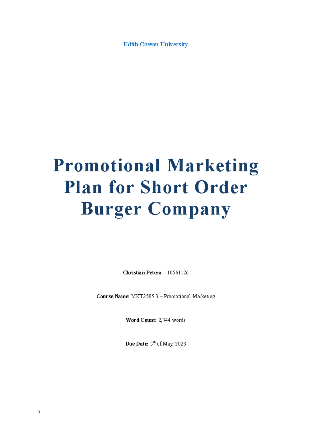Marketing Plan for Short Order Burger Company - Edith Cowan University ...